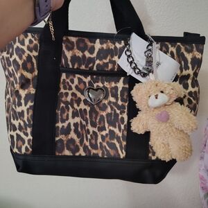 Leopard Print Tote Bag with Teddy Bear Charm